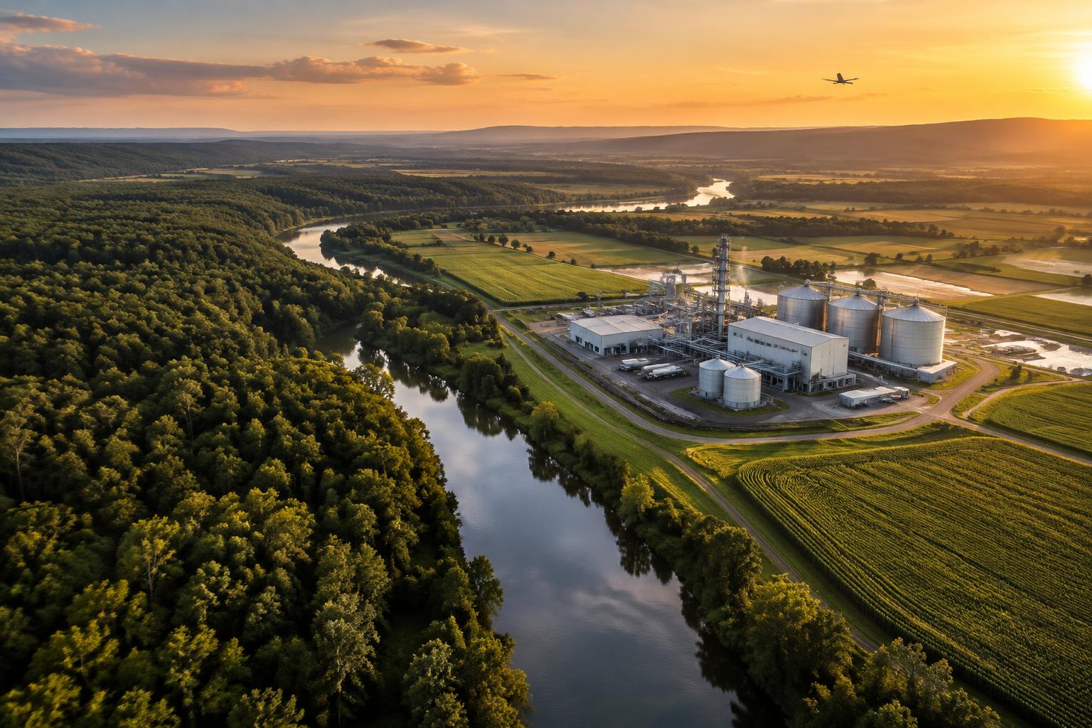 Aerial view of a biofuel facility beside forests, farmland and a river