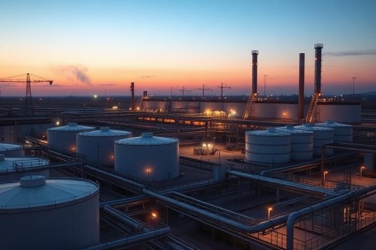 Biodiesel plant storage tanks and pipelines at dusk