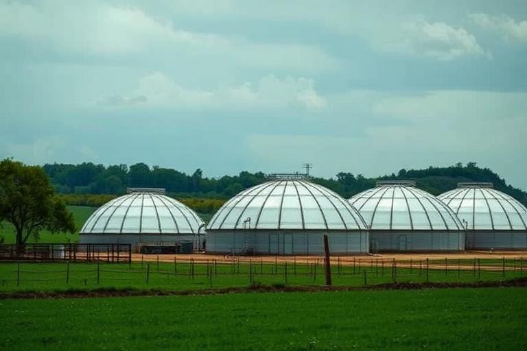 Anaerobic digester domes at a rural biogas facility