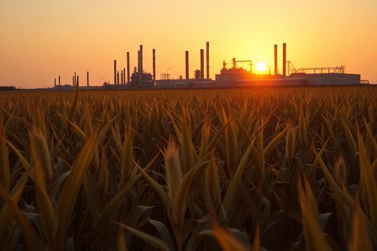 Cornfield at sunrise in front of an ethanol biorefinery
