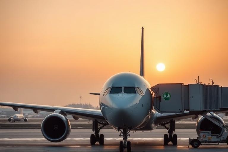 Airliner being refuelled with sustainable aviation fuel at dawn